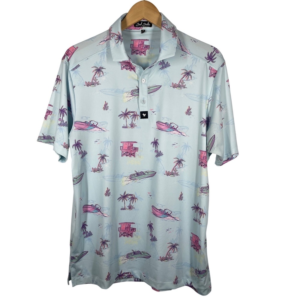 Bad Birdie Mens Golf Polo Shirt Blue Tropical Speedboat Lifeguard Print Size M